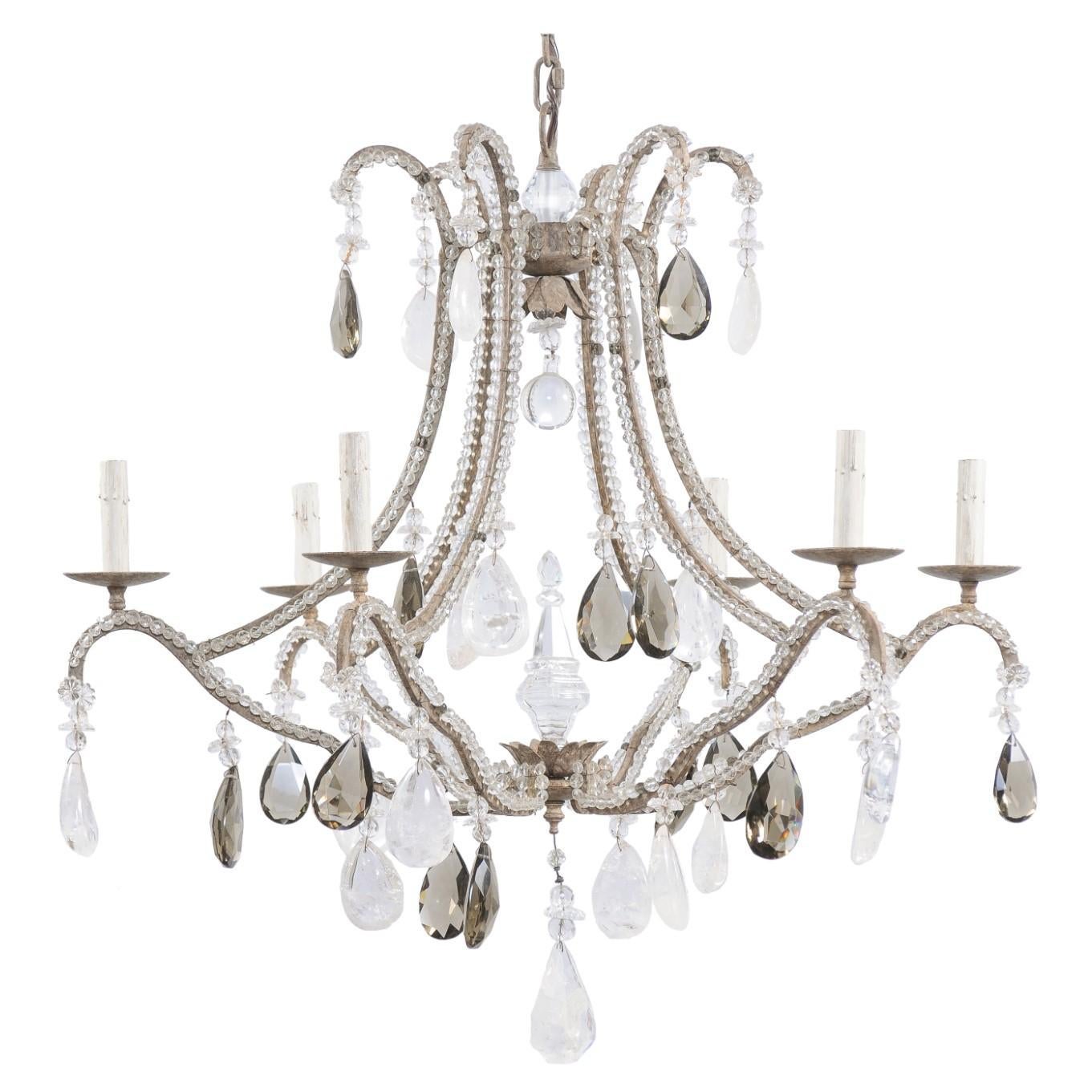 Vintage Six-Light Chandelier W/Waterfall Top, Adorn in Smoky & Rock Crystals For Sale
