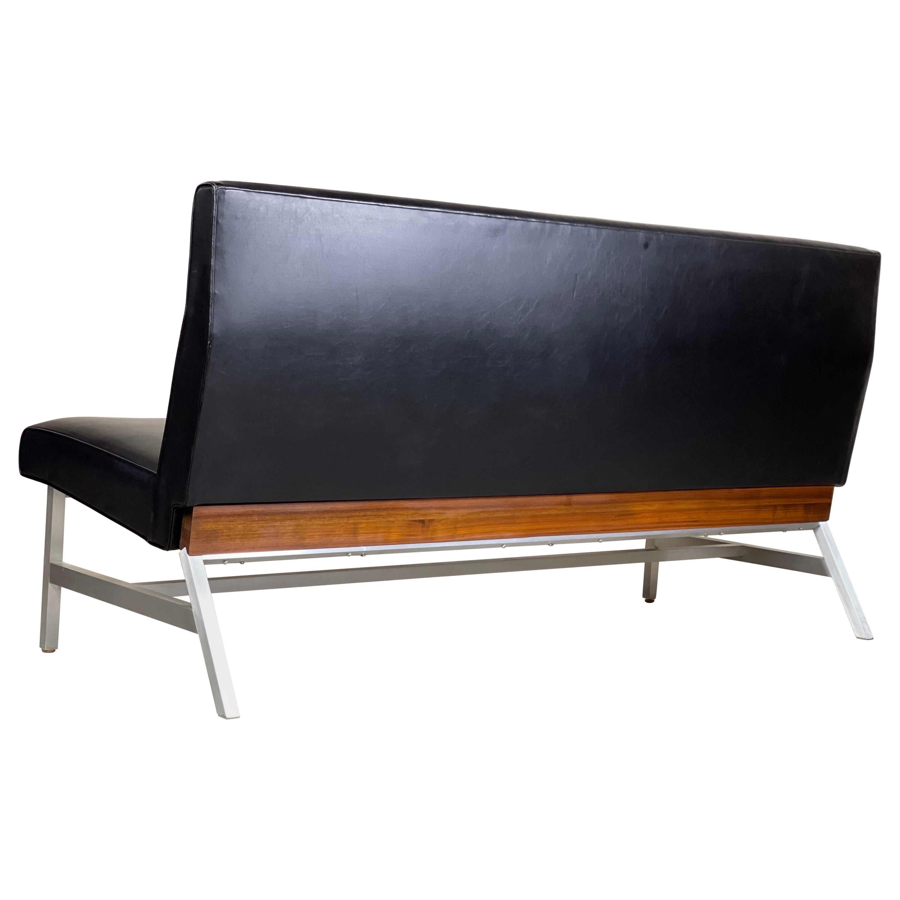 Black Leather Sofa Bench with Walnut and Satin Aluminum by Monarch Furniture 