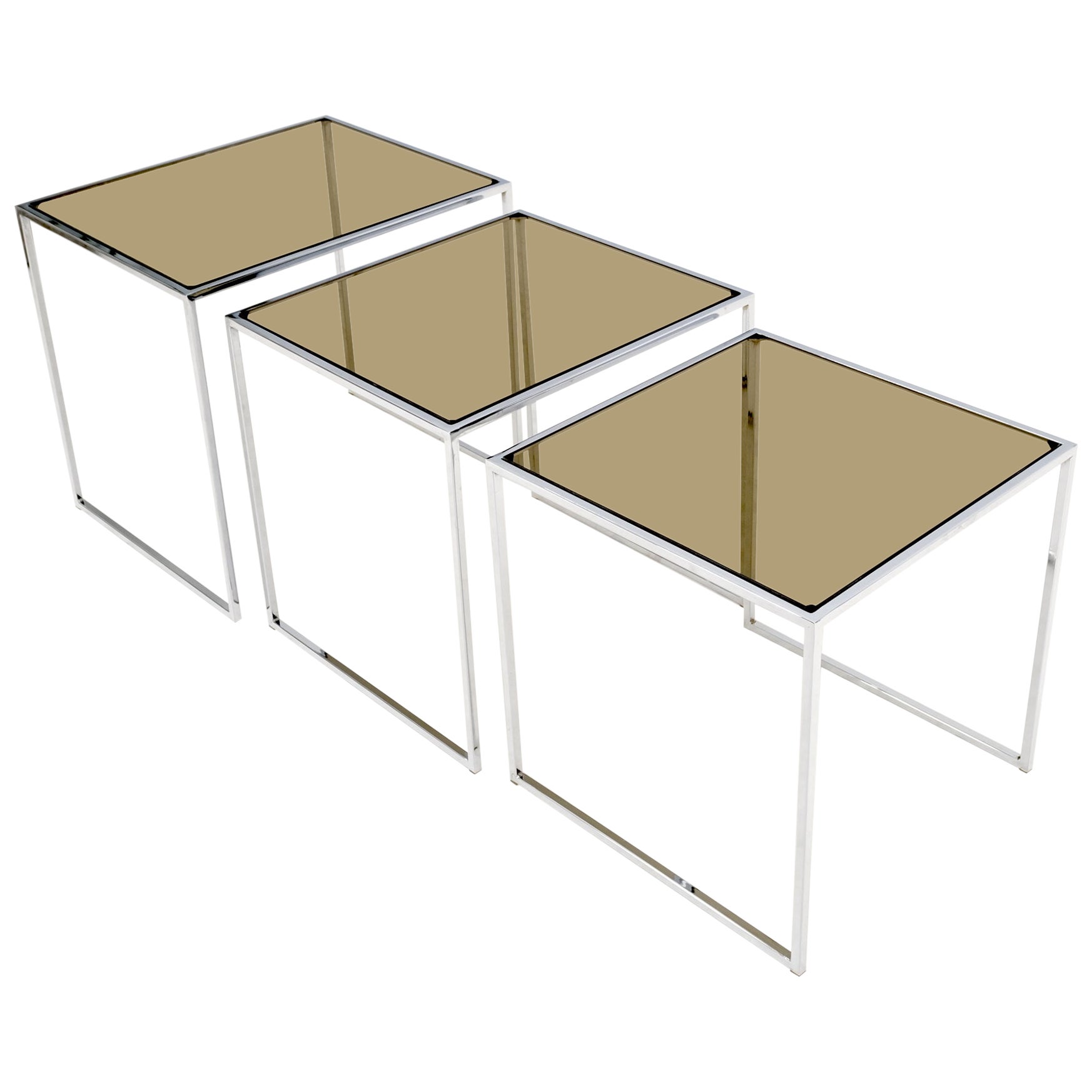 Set of Wide Rectangle Shape Chrome & Smoked Glass Nesting End Side Tables For Sale