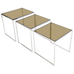 Vintage Set of Wide Rectangle Shape Chrome & Smoked Glass Nesting End Side Tables