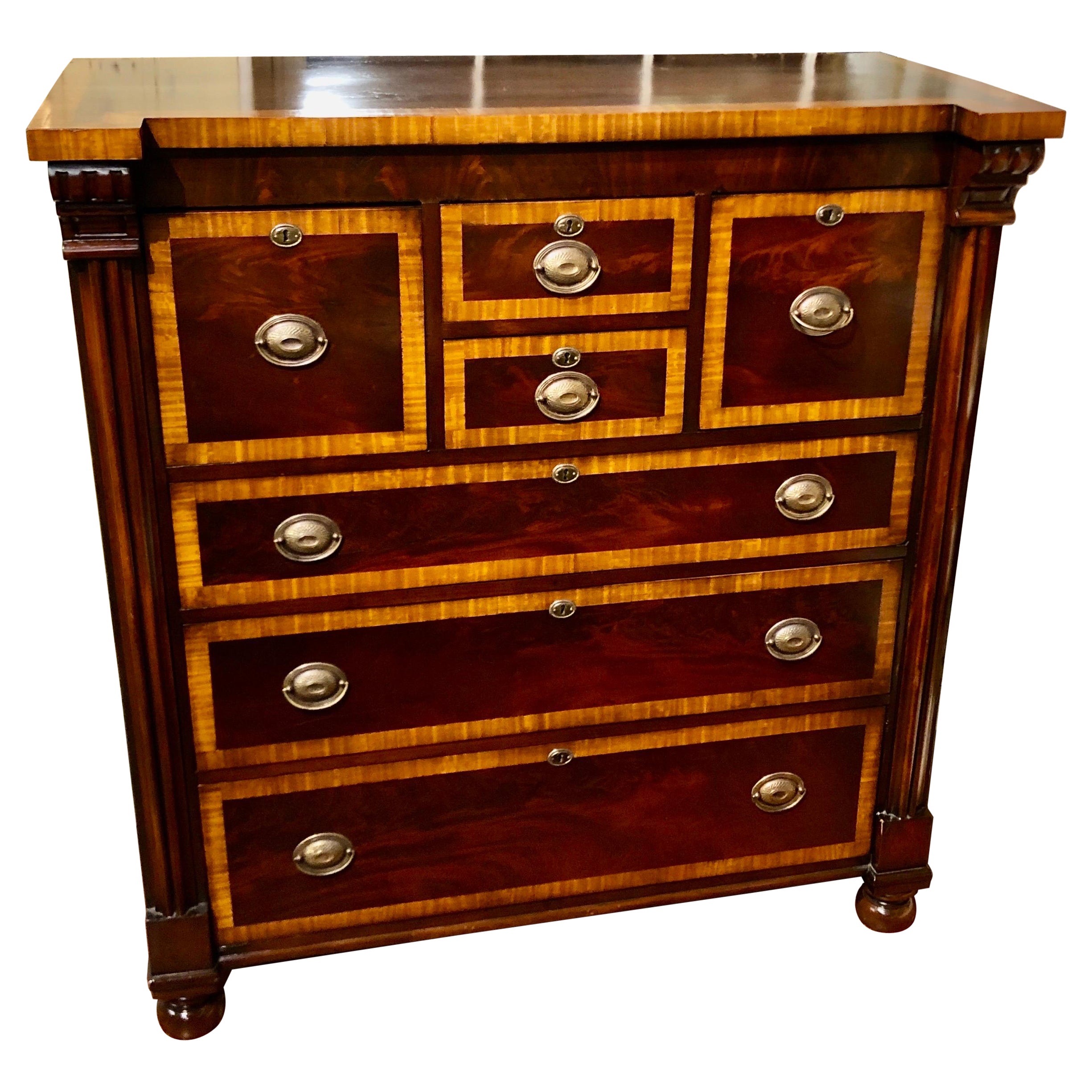 Exceptional Antique Scottish Satinwood Inlaid Flame Mahogany Chest of Drawers