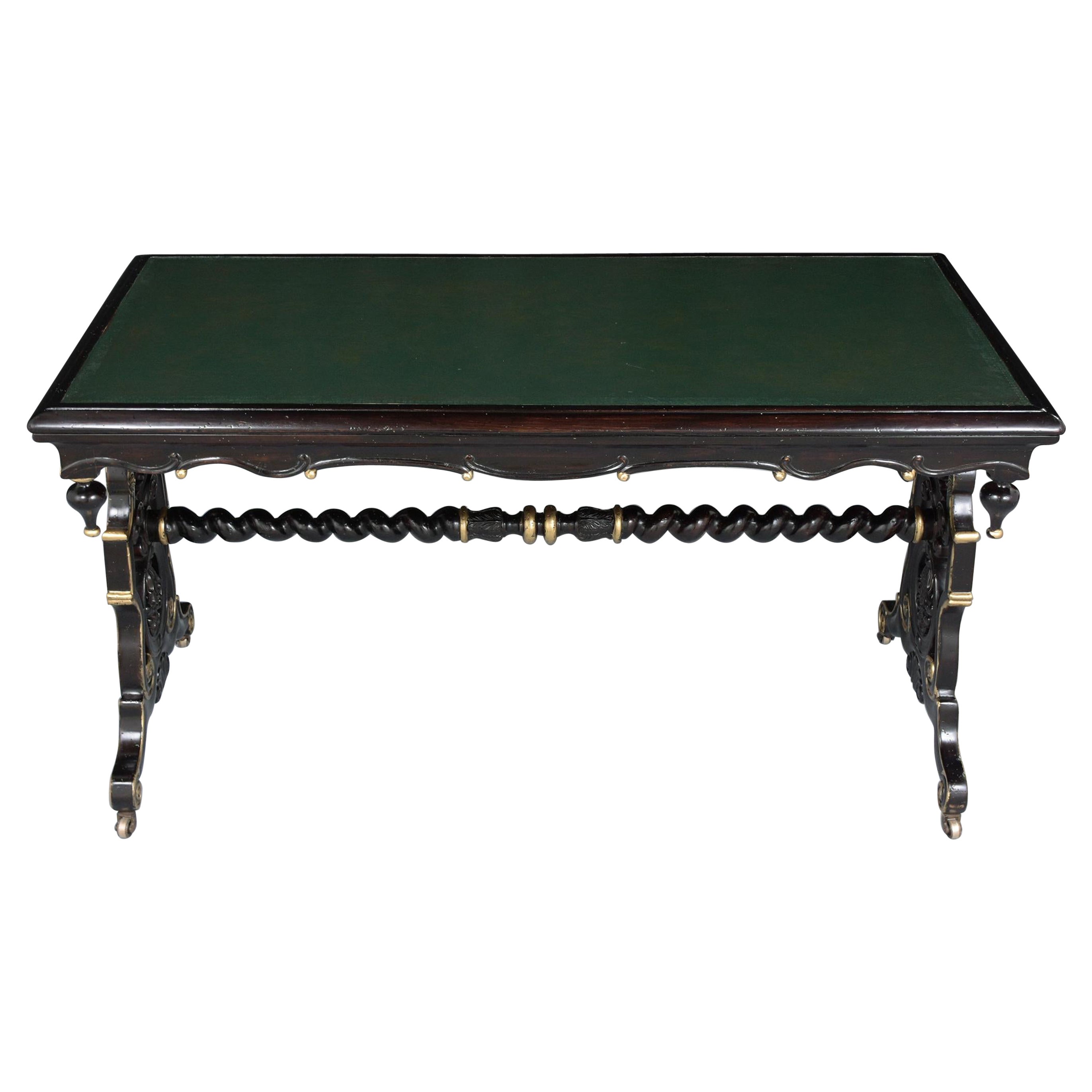 1970s Jacobean Mahogany Writing Table with Engraved Leather Top & Gilt Accents For Sale