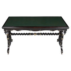 Retro 1970s Jacobean Mahogany Writing Table with Engraved Leather Top & Gilt Accents