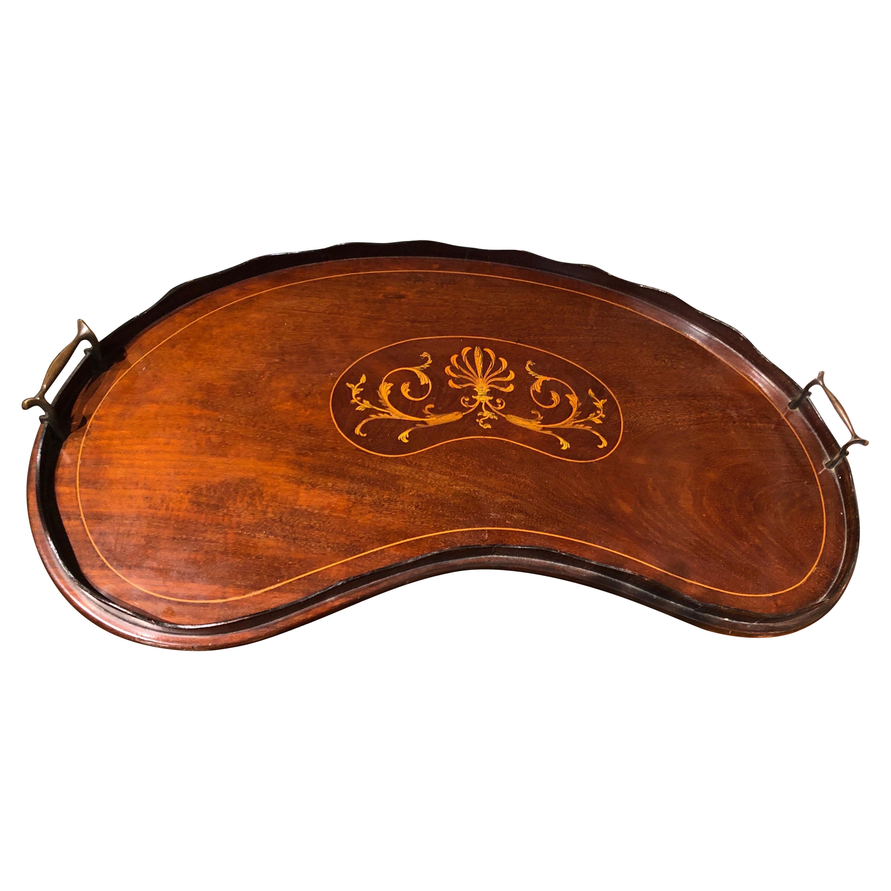 Superb Antique English Marquetry Inlaid Mahogany Kidney Shape Tray w/Handles For Sale