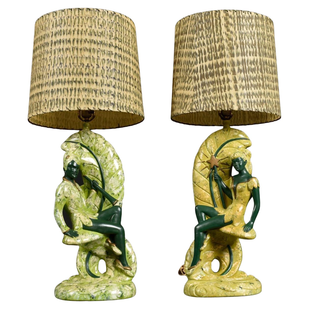 Continental Art Co. Green Fairy Chalkware Lamps with Fiberglass Shades For Sale