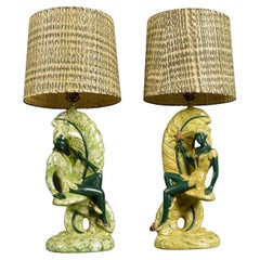 Continental Art Co. Grüne Fairy Chalkware-Lampen mit Glasfaserschirmen aus Fairy Chalkware