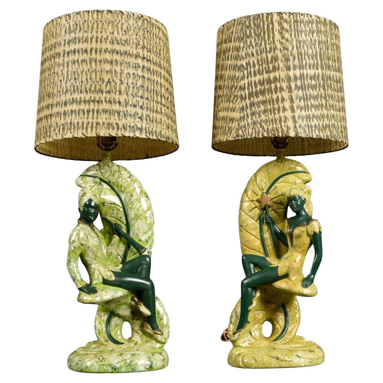 Continental Art Co. Green Fairy Chalkware Lamps with Fiberglass Shades