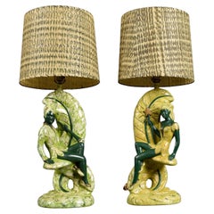 Continental Art Co. Green Fairy Chalkware Lamps with Fiberglass Shades