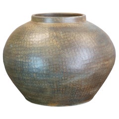 Maitland Smith Raku Style Ceramic Green Flower Vase Urn Cache Pot Jardiniere