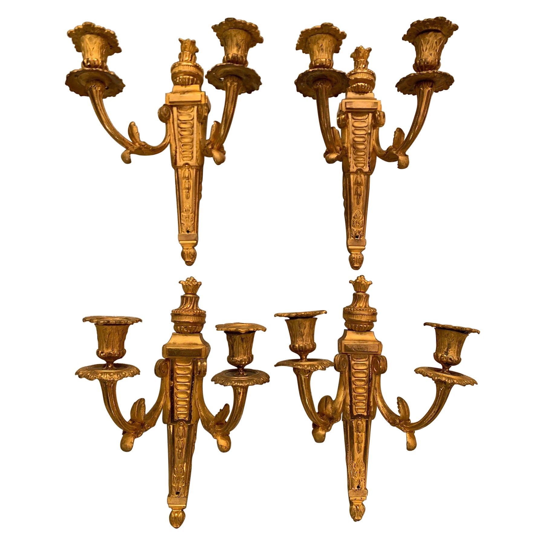 Set of Louis XVI Style Gilt Bronze Ormolu Two Arms Wall Sconces For Sale