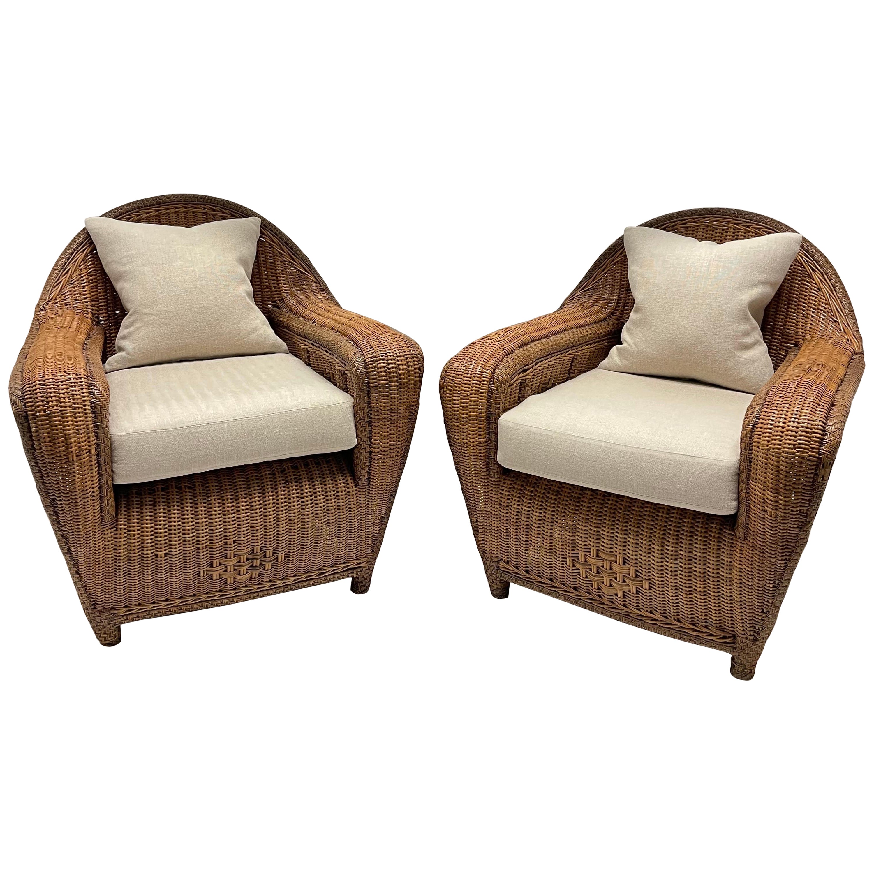 Rare Pair of Art Deco Wicker and Rattan Club Chairs or Armchairs, circa 1930s