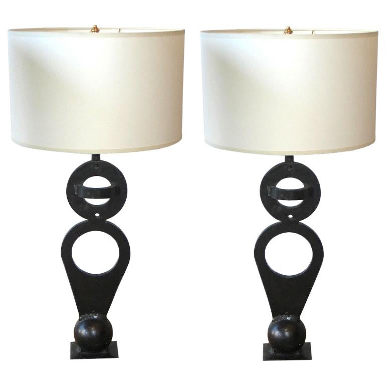Pair of French Midcentury Wrought Iron 'Sculptural' Table Lamps, circa 1960