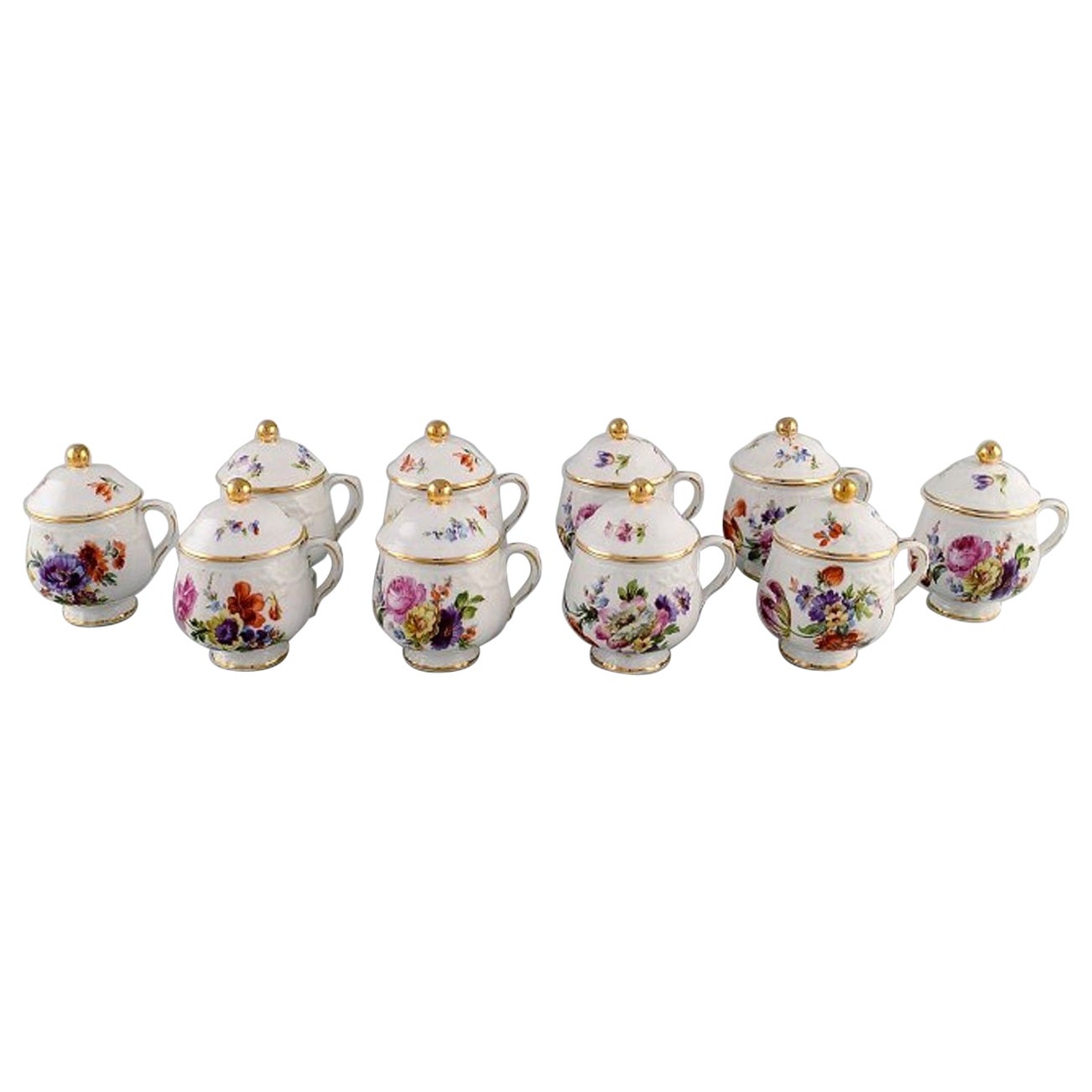 10 Antique Rörstrand Porcelain Cream Cups with Hand-Painted Flowers