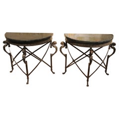 Italian Half Moon Design Wrought Iron Console Tables with Griffin and Marble Top