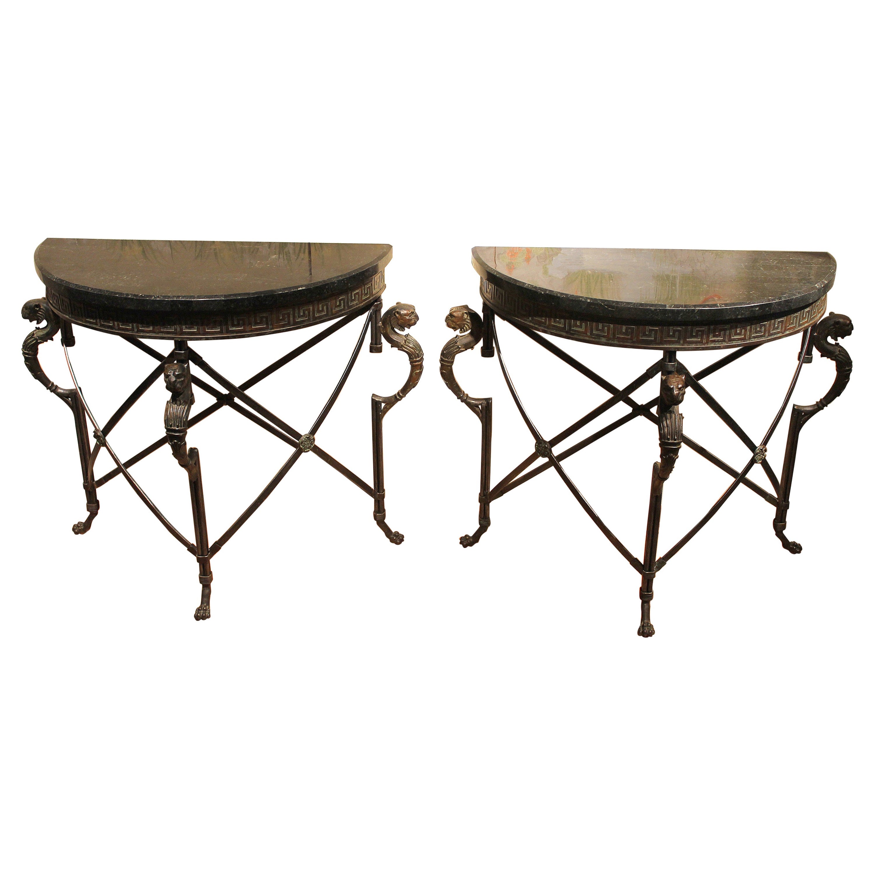Italian Half Moon Design Wrought Iron Console Tables with Griffin and Marble Top