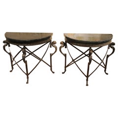 Antique Italian Half Moon Design Wrought Iron Console Tables with Griffin and Marble Top