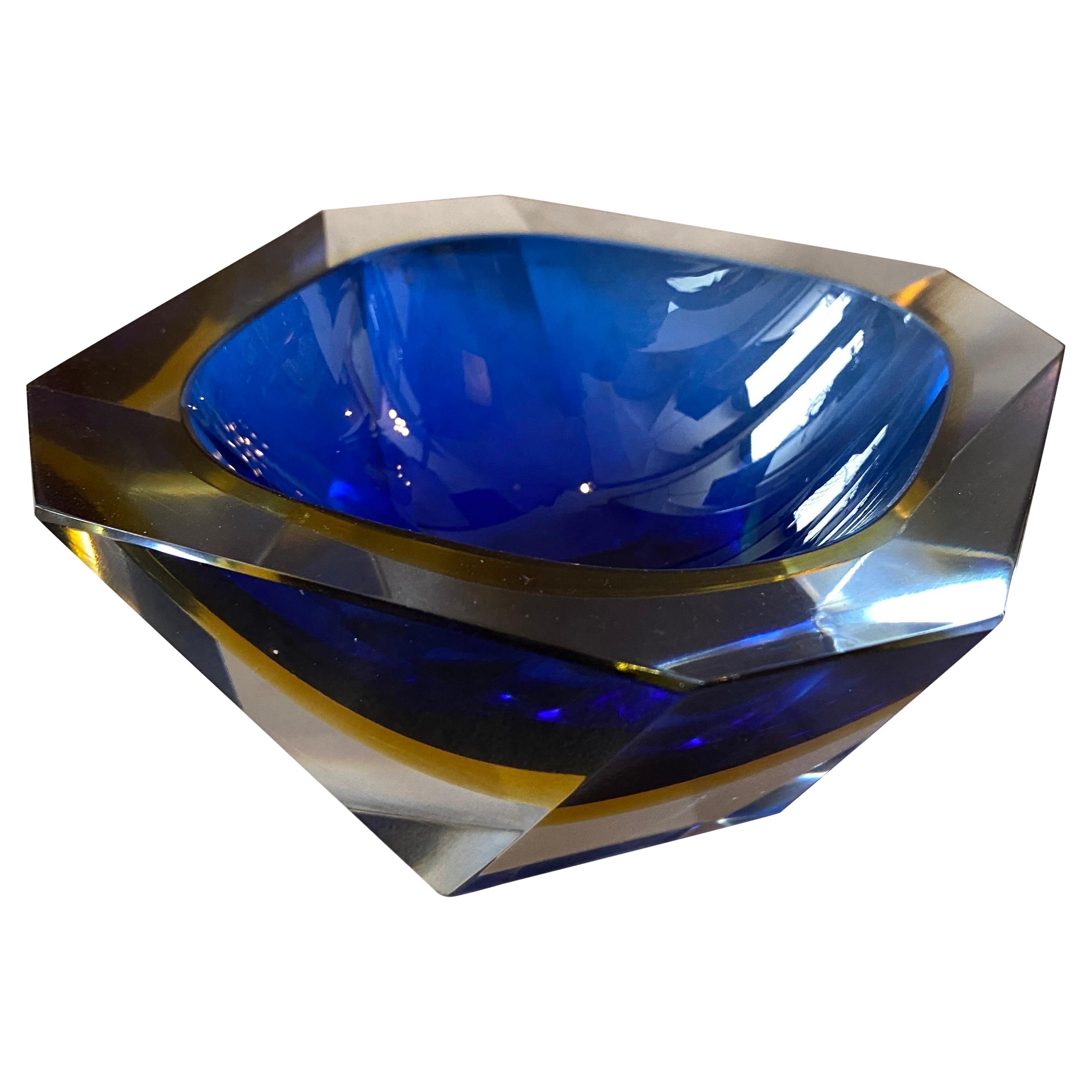 1970s Blue and Yellow Sommerso Faceted Murano Glass Ashtray by Seguso