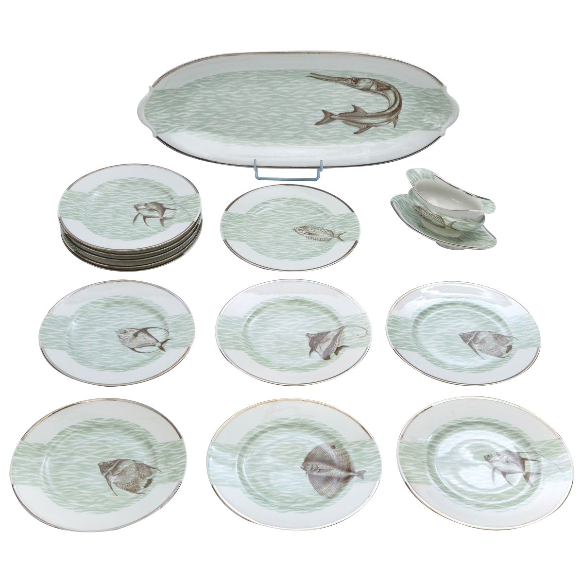 Art Deco style Fish Service for 12 People by Bernardaud Limoges  c. 1970 For Sale