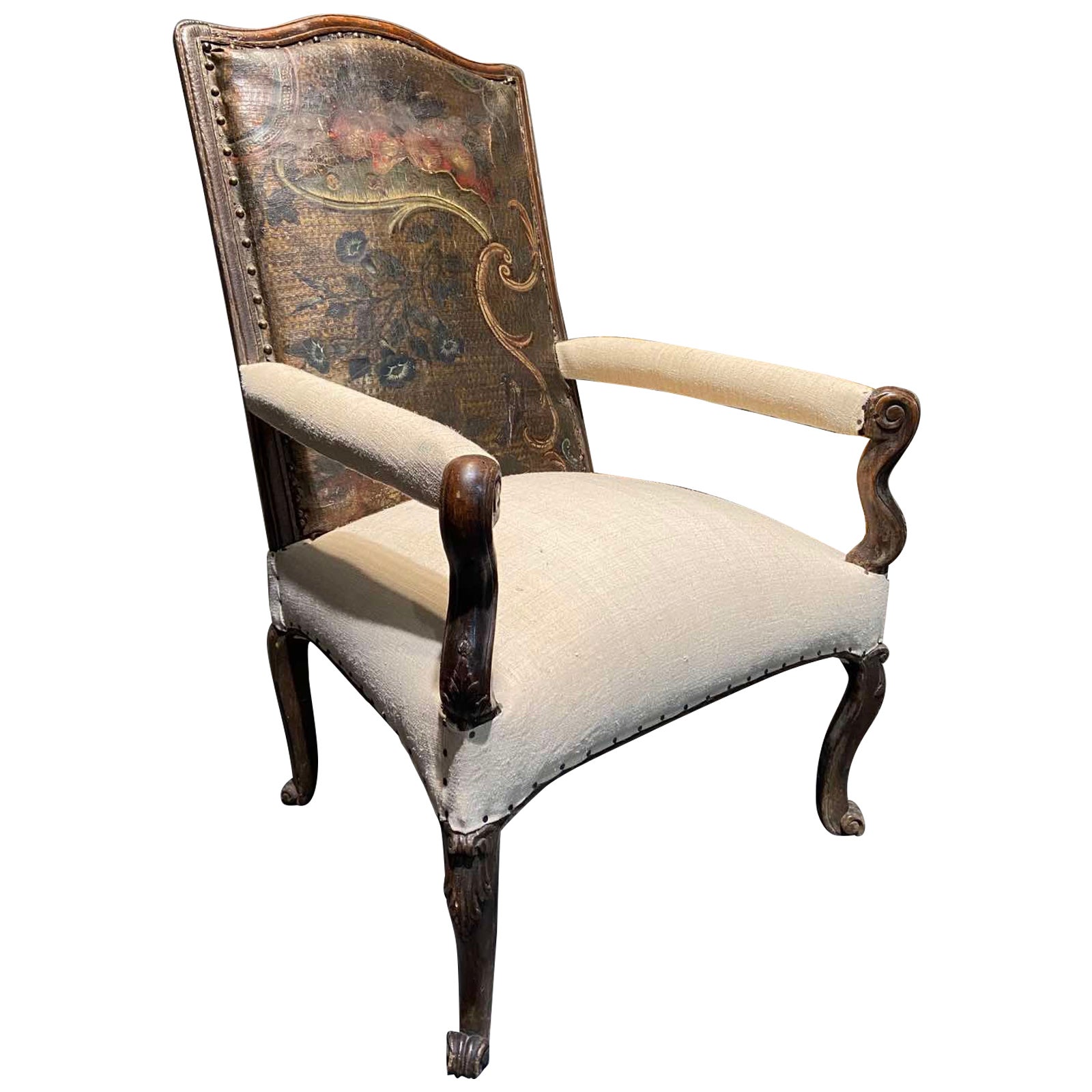 18th Century Armchair with High Backrest in Carved Wood and Cordoba Leather