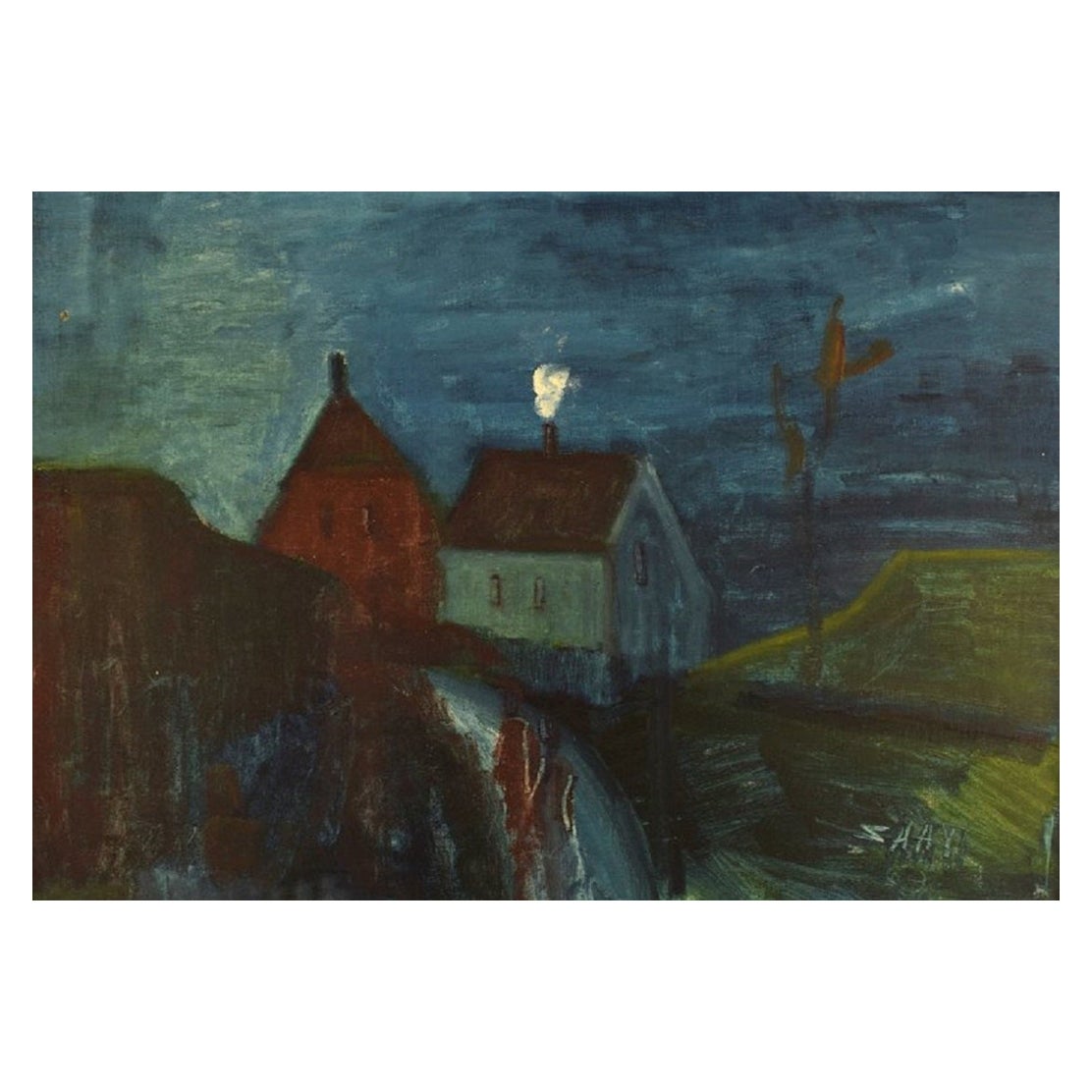 Svend Aage Tauscher, huile sur toile, paysage moderniste avec maisons en vente