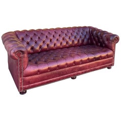 Vintage Mid-Century Ralph Lauren Style Tufted Oxblood / Garnet Leather Chesterfield Sofa