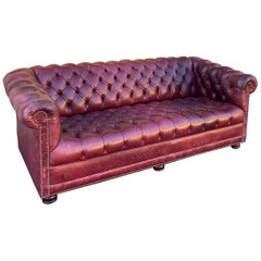 Retro Mid-Century Ralph Lauren Style Tufted Oxblood / Garnet Leather Chesterfield Sofa