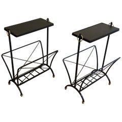 Pair of Black Lacquered Metal, Faux-Leather & Brass Side Tables by Jacques Adnet