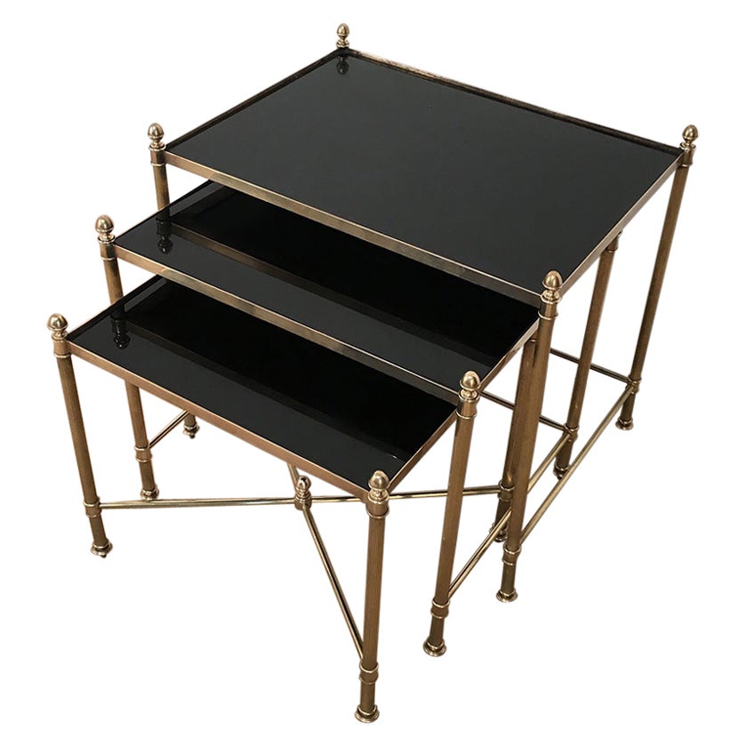 Set of 3 Brass Nesting Tables with Black Lacquered Glass Tops by Maison Jansen