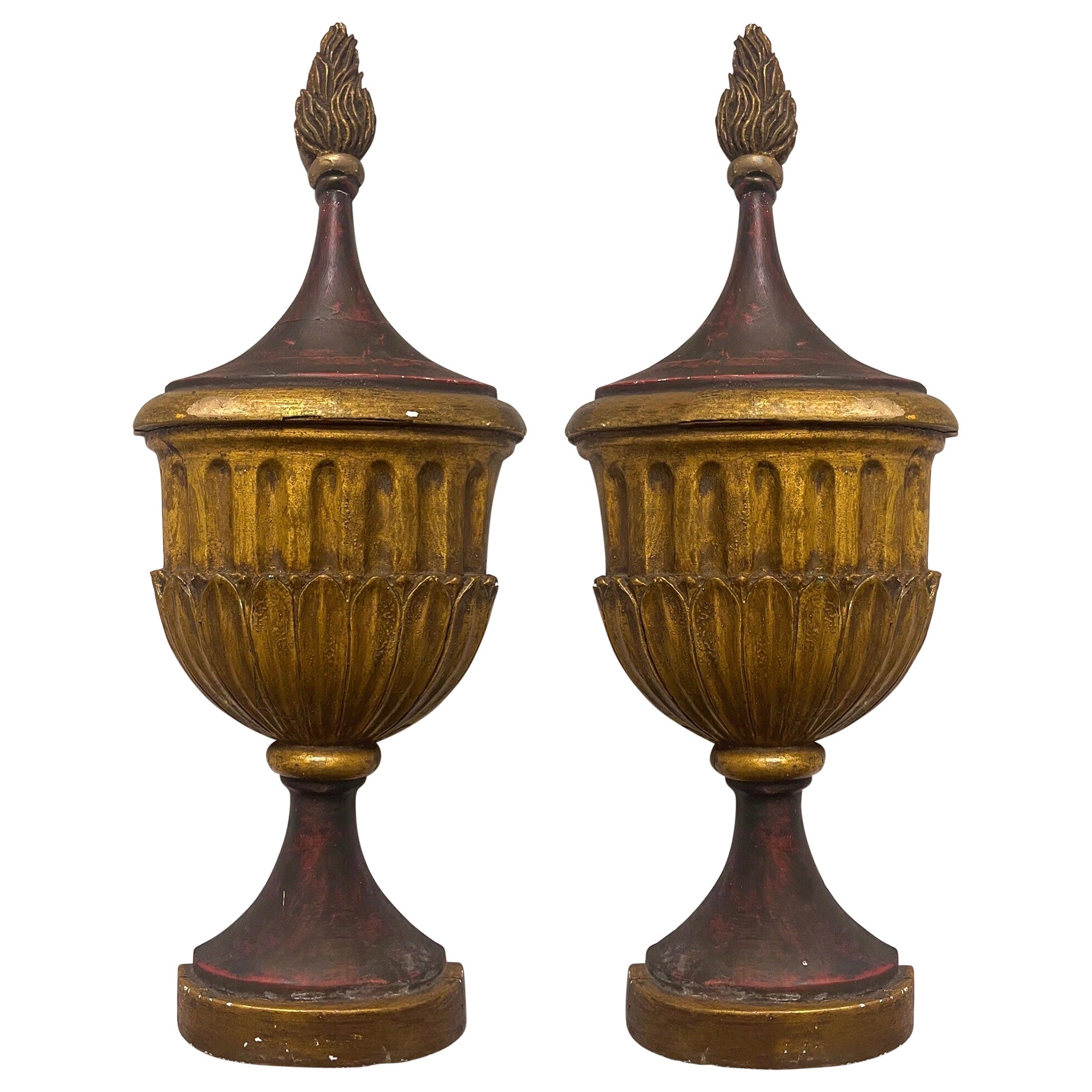 Large Italian Neo-Classical Style Gilt and Gesso Painted Wall Mounted Urns -Pair For Sale