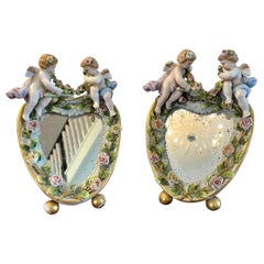Antique Pair of Continental Porcelain Heart Shaped Mirrors