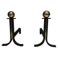 Pair of Modernist Iron & Brass Andirons in the Style of Jacques Adnet