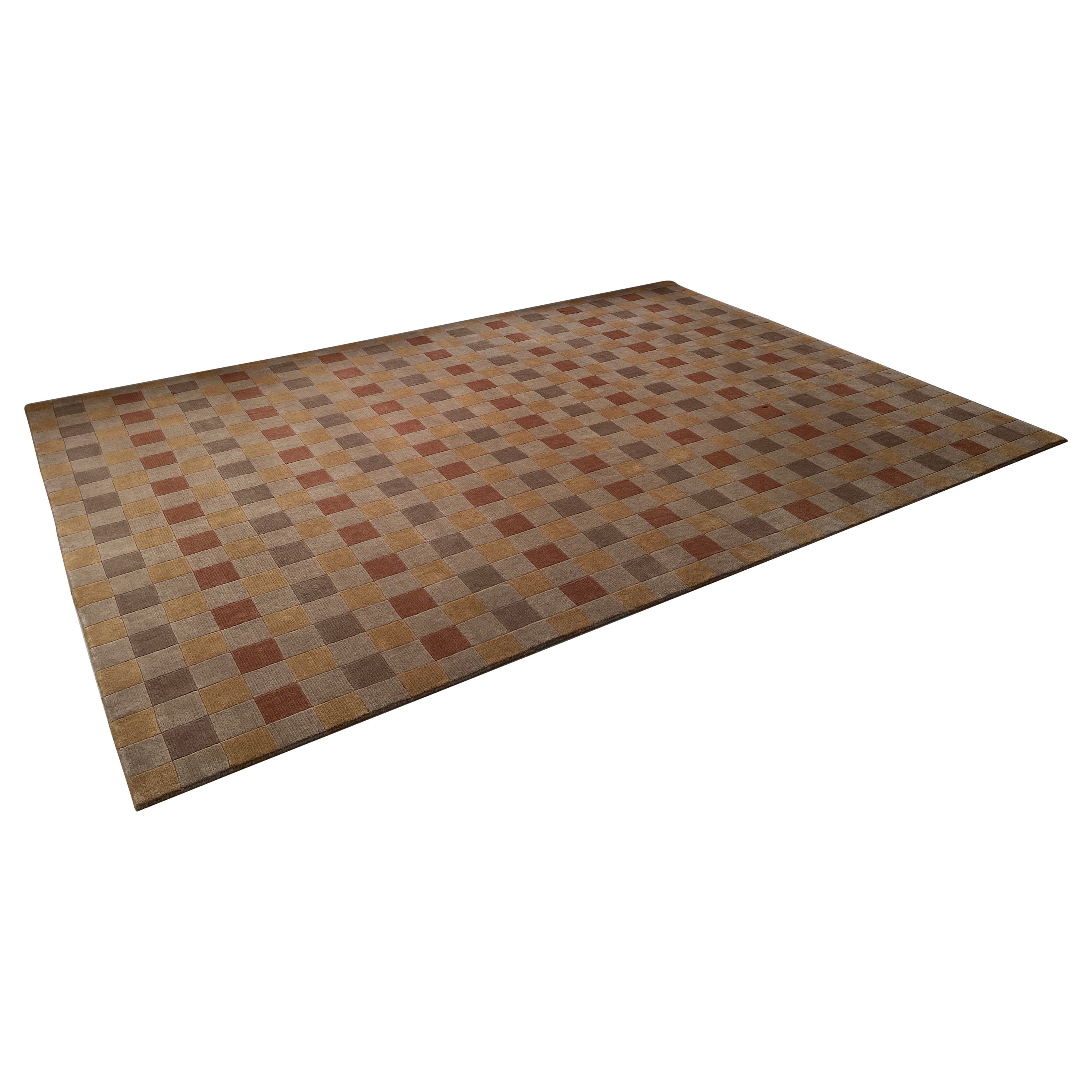 20th century checkered wool and silk rug in a marvelous natural color way. Very large beautiful rug that will bring a neutral earthy aesthetic feel to your home. Perfect for any living room or bedroom. 
     