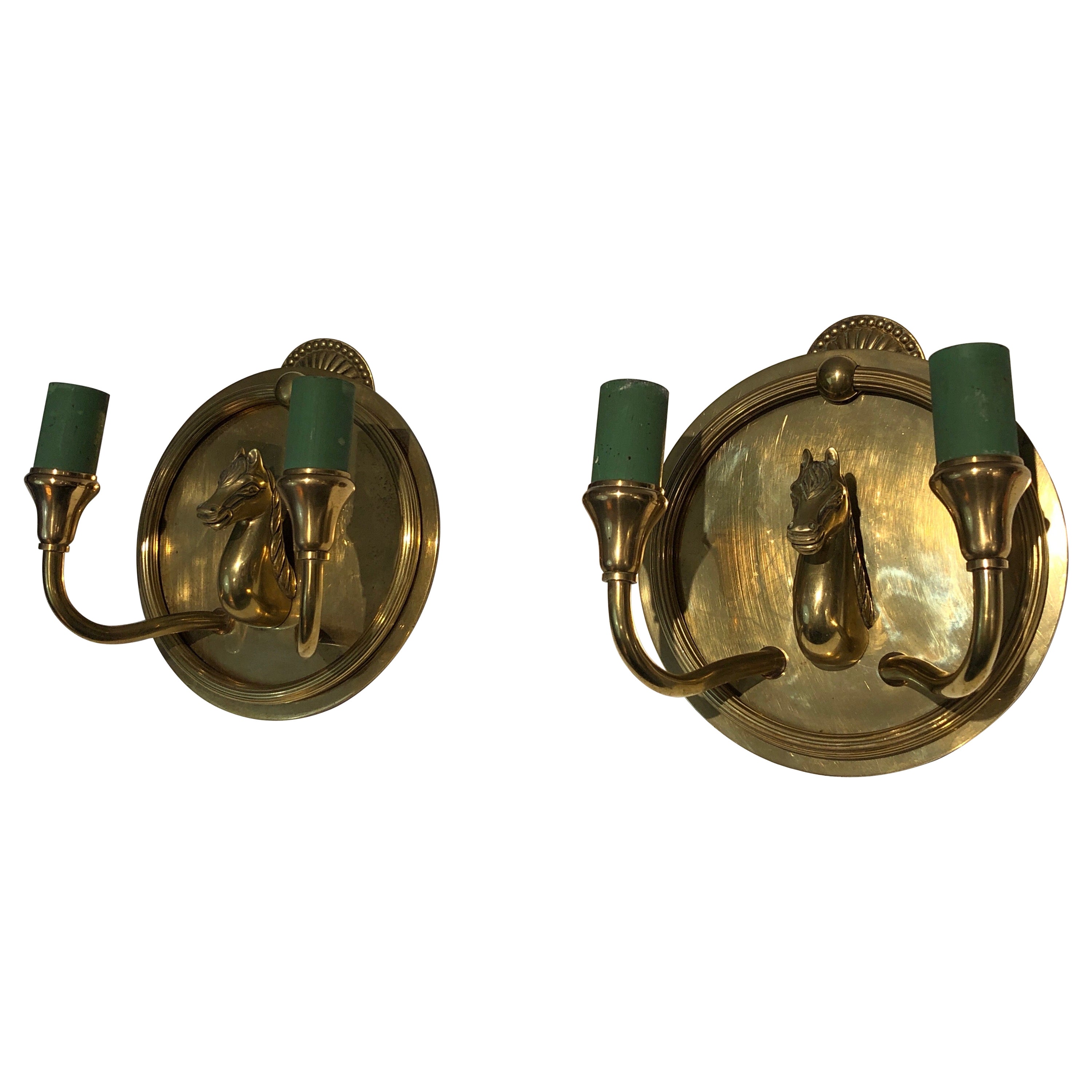 Pair of Horse Heads Bronze Wall Sconces in the Style of Maison Charles