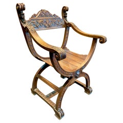 Antique 19th Century Hand Carved Savonarola Walnut Chair in Henry II Style