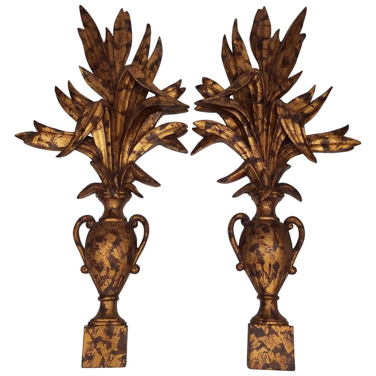Large Pair of Burnished Gold Finish Neoclassical Urn Form Wall Ornaments  For Sale at 1stDibs