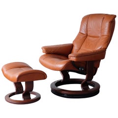 Used Mid-Century Modern Style Ekornes Stressless Tan Leather Recliner with Footstool