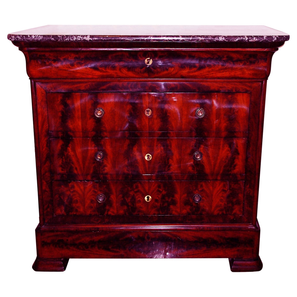 French Louis Philippe Period Figured Mahogany Chest of Drawers with Marble Top For Sale