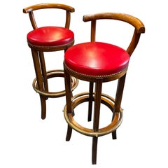 20th Century French Vintage Round Walnut Bar Stools in Red Leather