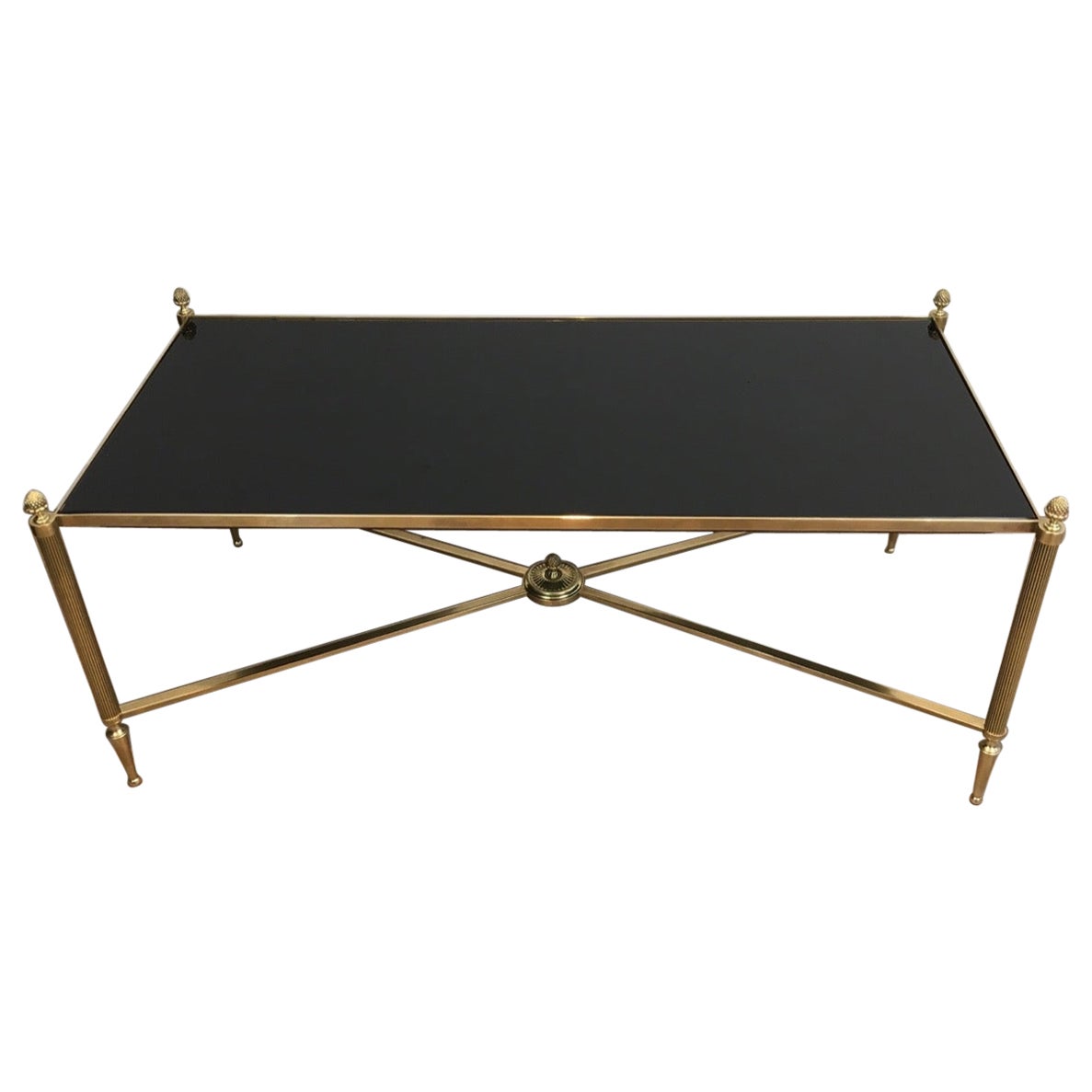 Maison Bagués, Neoclassical Style Brass Coffee Table with Black Lacquered Glass
