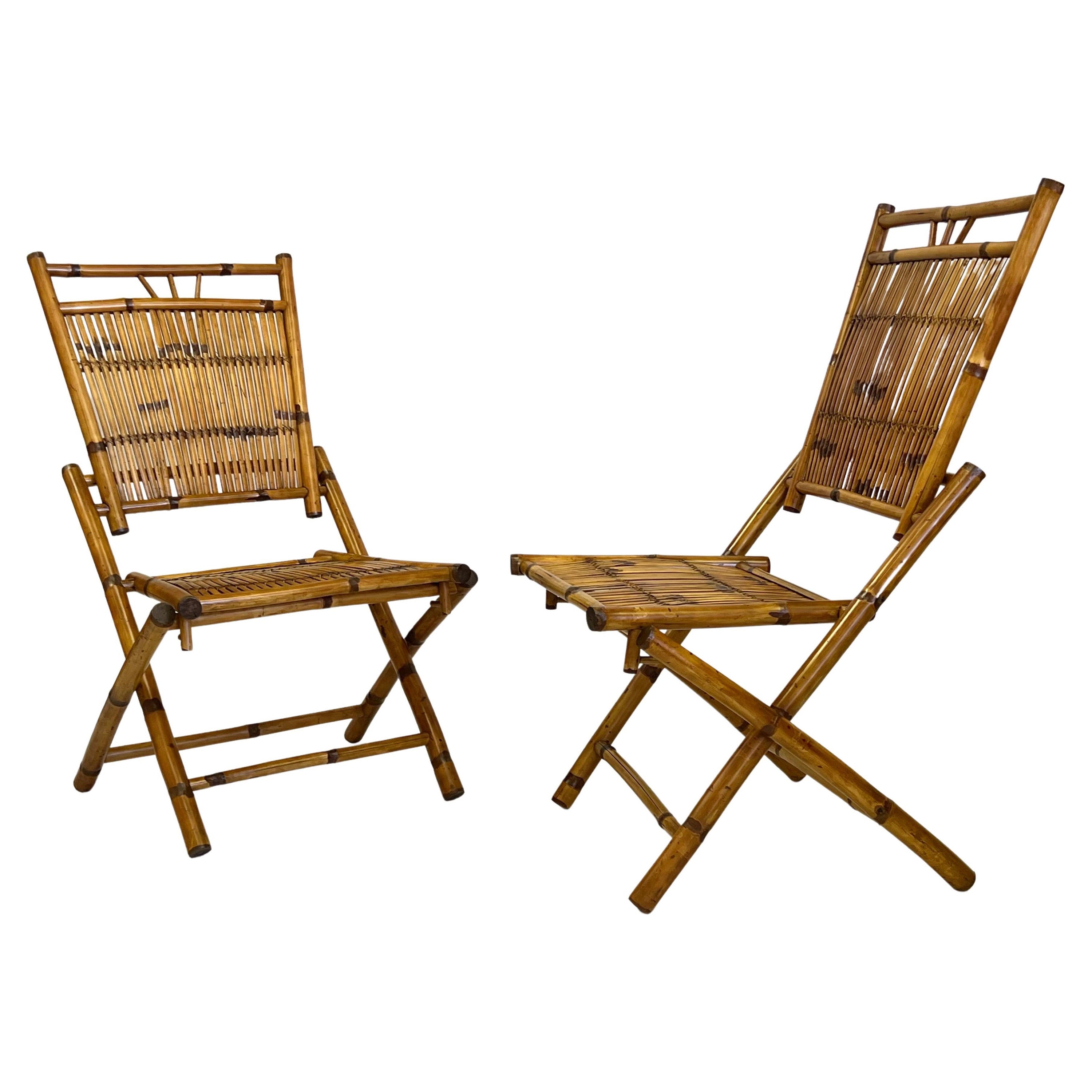 Paire de chaises de salon en bambou et rotin de style moderne et néoclassique français en vente