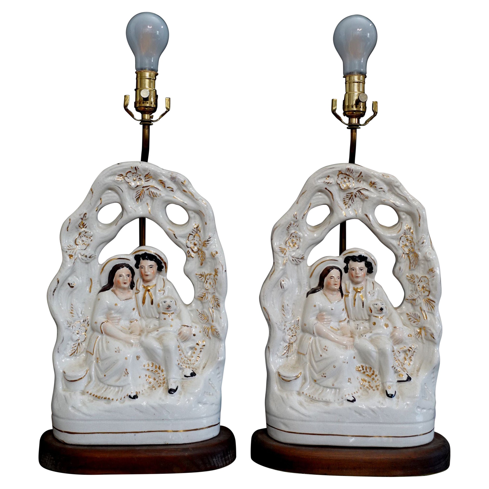 Large Pair of 19th Century Staffordshire Arbor Couple Pottery Table Lamps For Sale