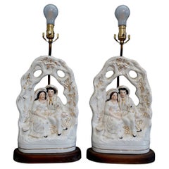 Large Pair of 19th Century Staffordshire Arbor Couple Pottery Table Lamps