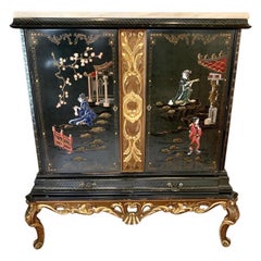 Rare Black Lacquer and Carved Giltwood Chinoiserie Marble Top Cabinet Armoire