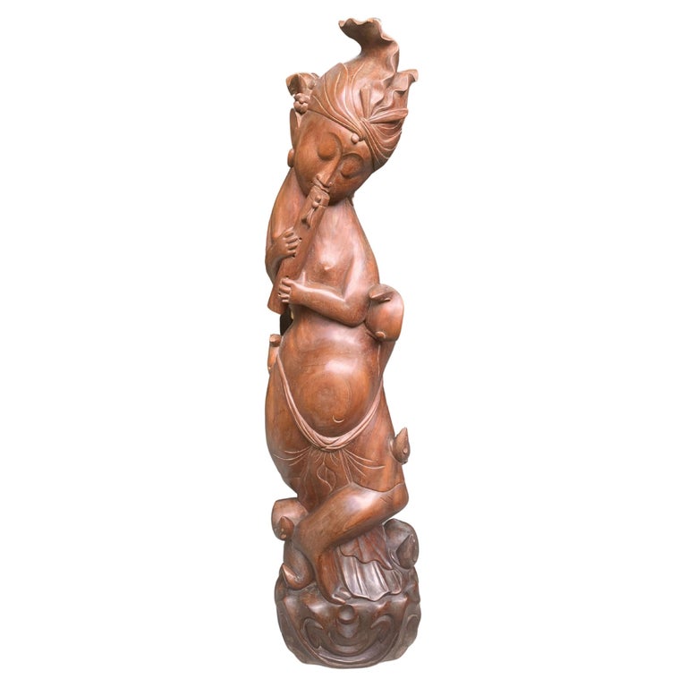Balinese Wood Carved Lady Statue, c. 1950 For Sale