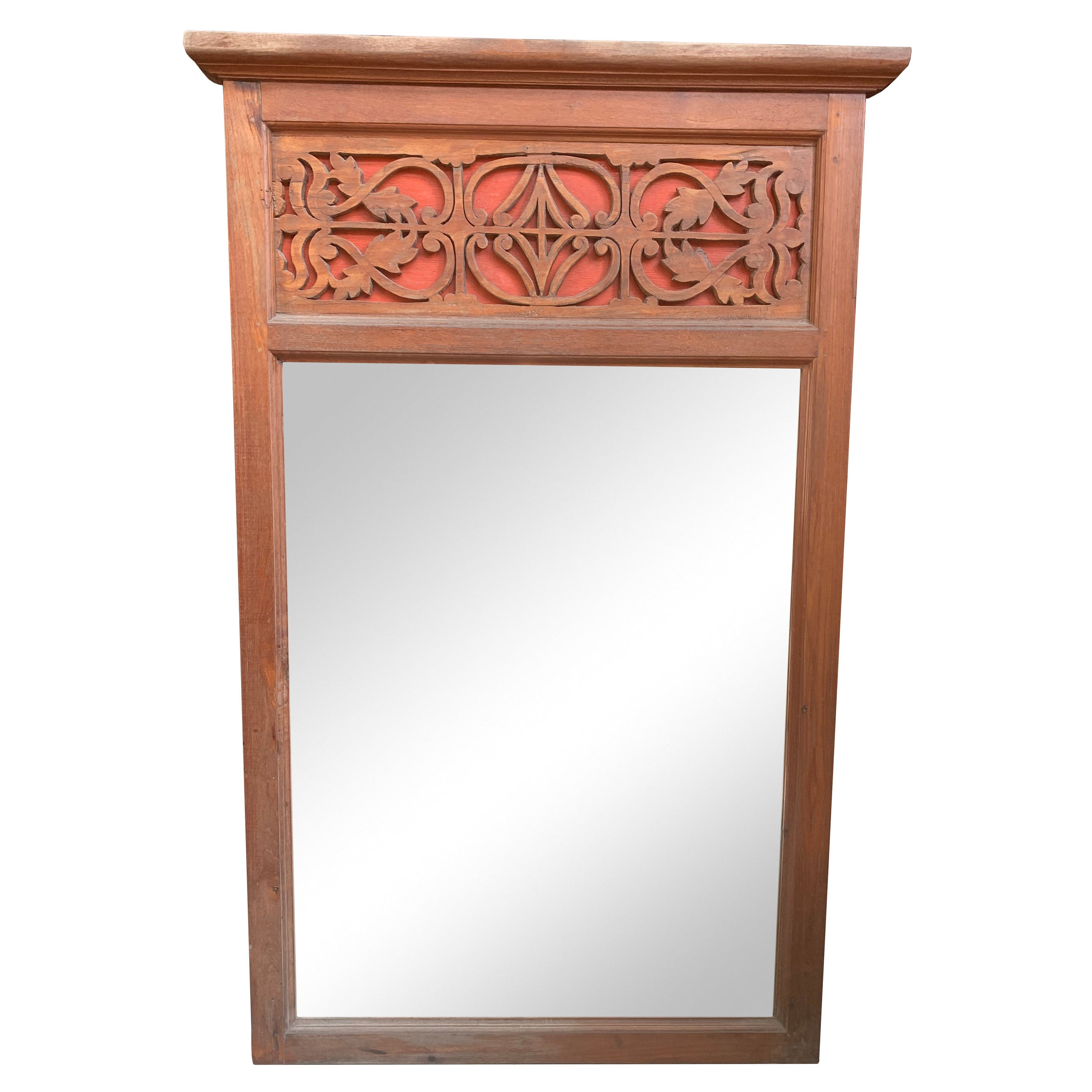 Teak Wood Framed Mirror with Floral Carving and Red Polychrome, Java, Indonesia