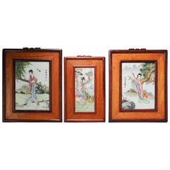 Trio of Plaques 20th C Chinese porcelain PROC Long Liza China Fencai