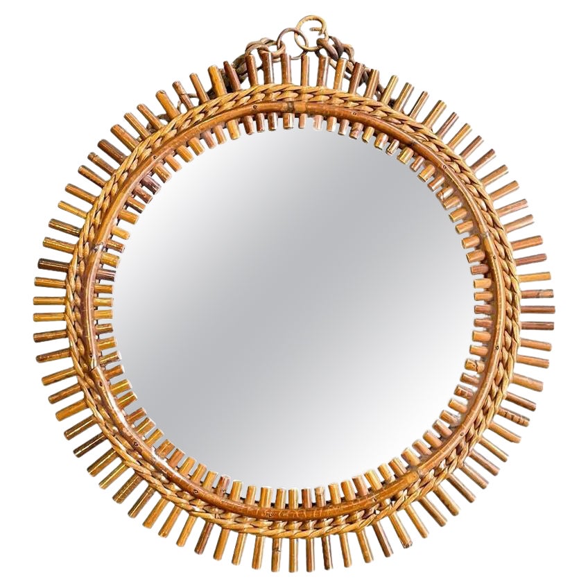 1970s Italian Circular Pencil Reed Bamboo Mirror with Bamboo Hanging Chain