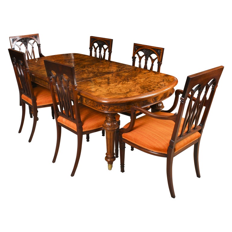 Antique Victorian Burr Walnut Dining Table and 6 Antique Chairs 19th C