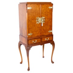 Vintage Burr Walnut Queen Anne Cocktail Cabinet Drinks Dry Bar, 1930s