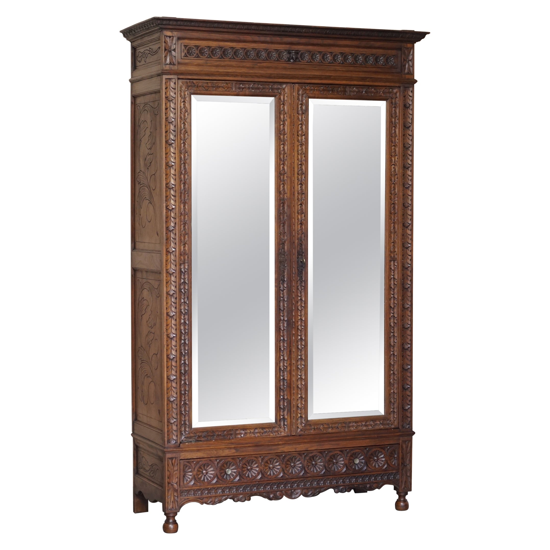 Carved Dutch Antique circa 1880 Armoire Folded Lined Wardrobe Mirrored Doors For Sale